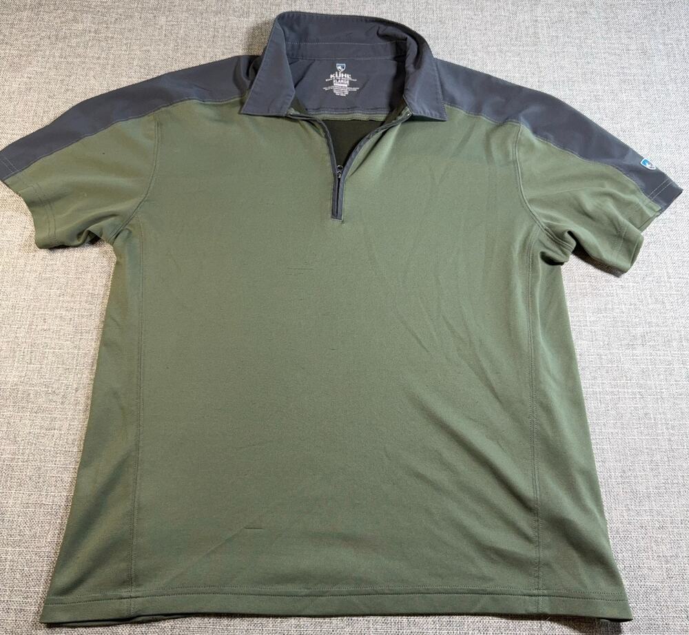 Kuhl Mens XL Quarter Zip Polo Shirt Olive Green Charcoal Performance Flawed